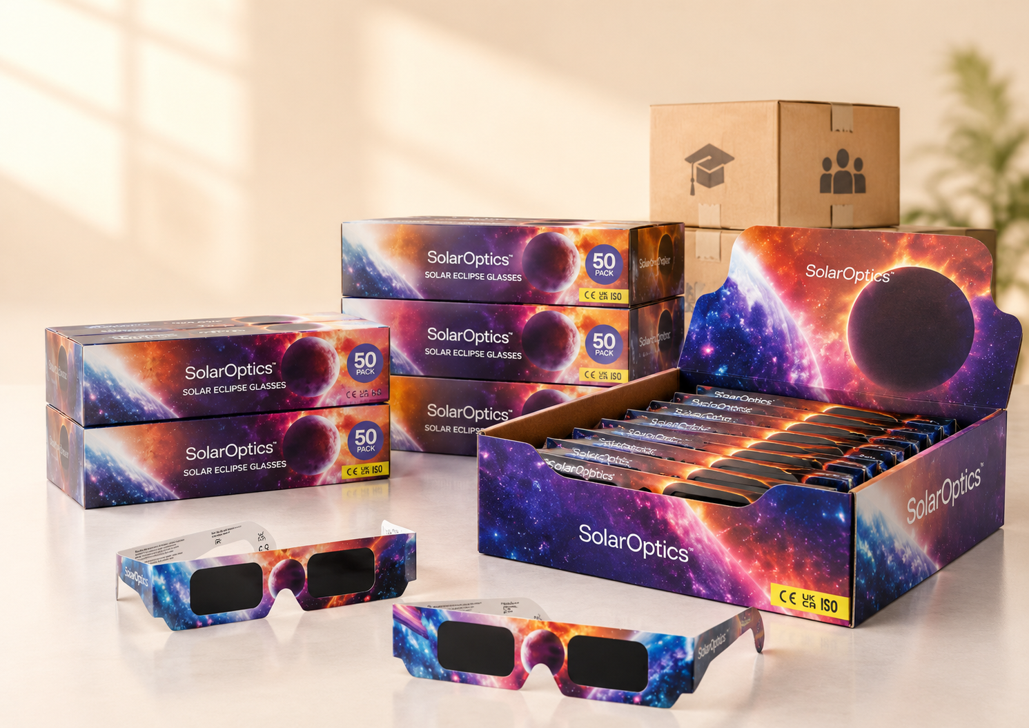 SolarOptics wholesale eclipse glasses boxes for schools, businesses and groups