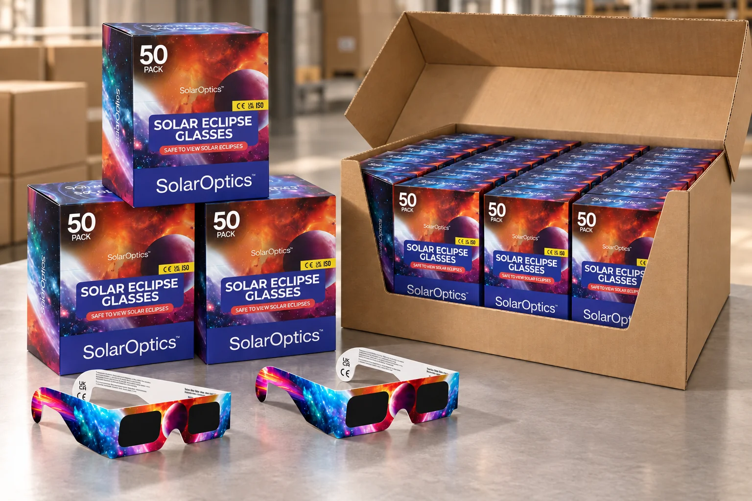 SolarOptics eclipse glasses retail display boxes, a carton of packs and two pairs of glasses on a warehouse table