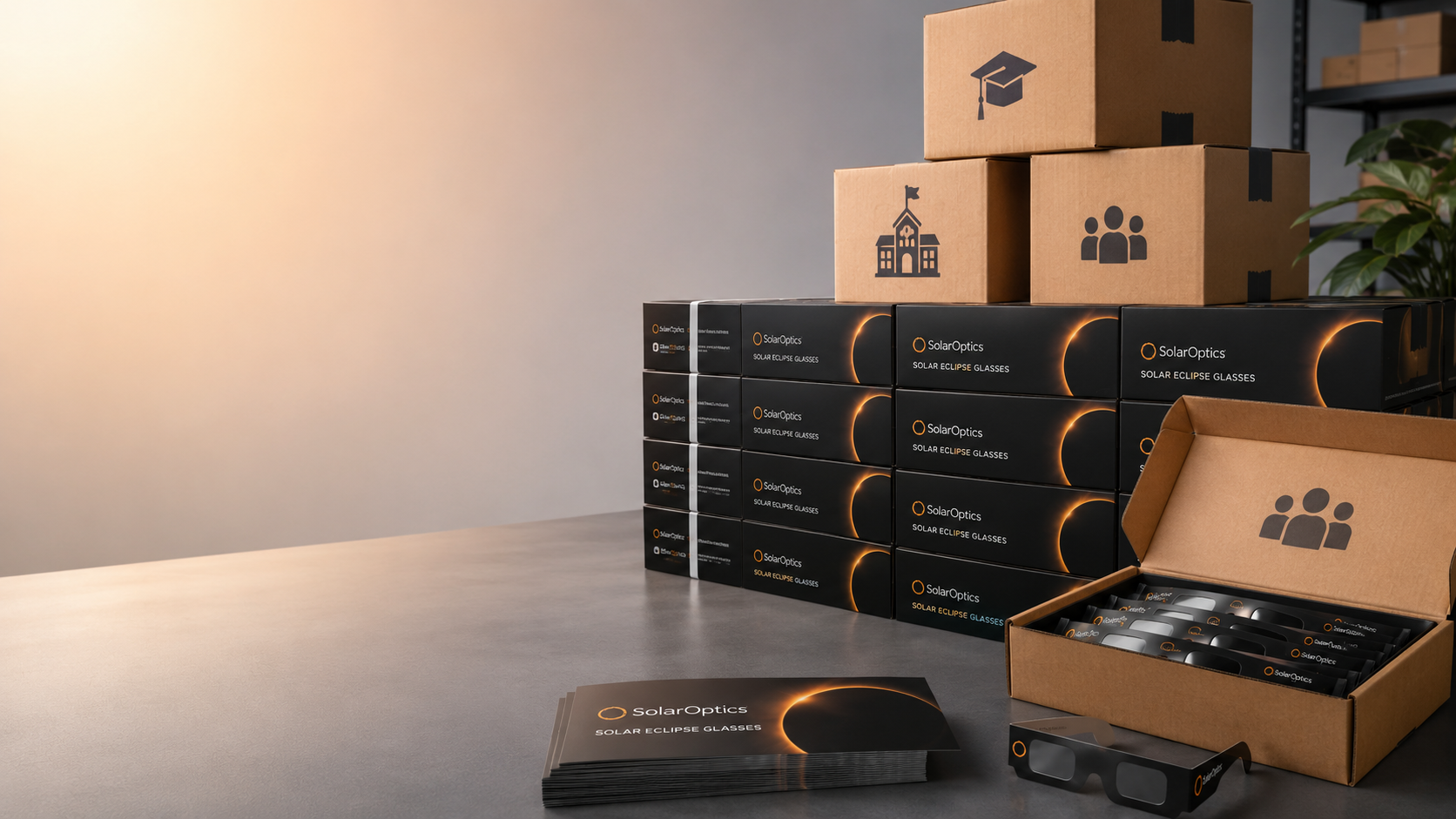 SolarOptics wholesale eclipse glasses boxes for schools, businesses and groups